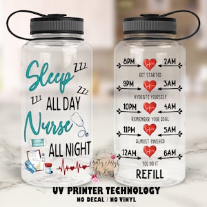 Nurse Water Bottle | Nurse Gifts | Sleep All Day Nurse All Night | RN Gift | Water Bottle Tracker | Motivational Water Bottle |Nurse Tumbler
