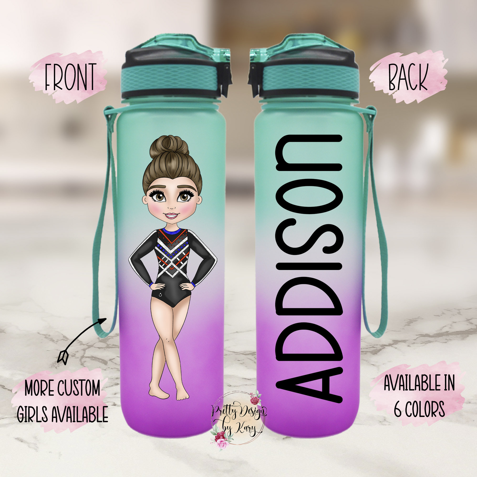 Personalized Silver Aluminum Water Bottle - 20oz Custom Gymnastics Sport Bottle With Carabiner - View #6