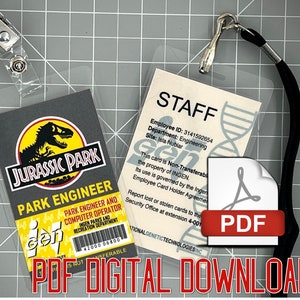 May include: A clear plastic ID badge holder with a black lanyard and a metal clip. The badge features the Jurassic Park logo and text that reads "PARK ENGINEER". A second badge reads "STAFF". A PDF digital download is also shown.