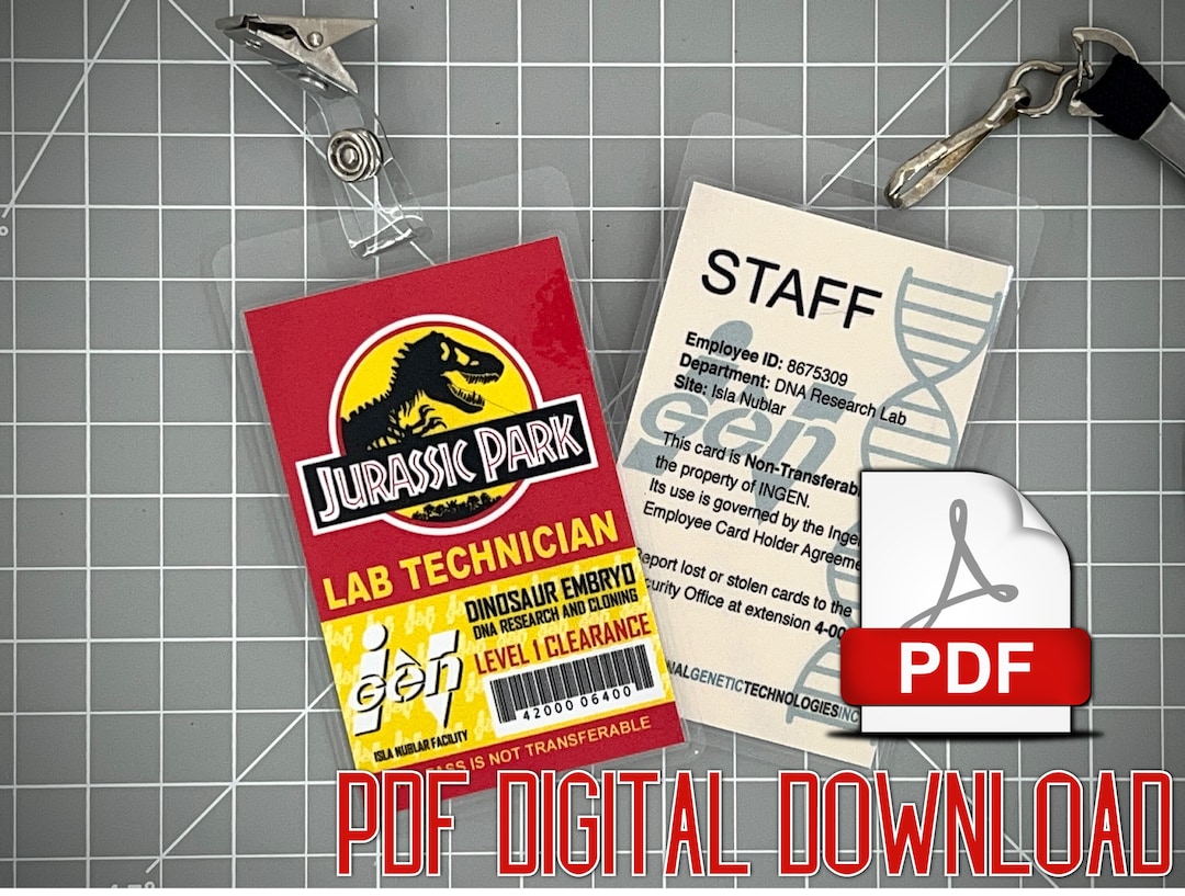 Jurassic Park Lab Technician ID Badge - [PDF Digital Download] - Etsy for Free Printable Jurassic Park Badge