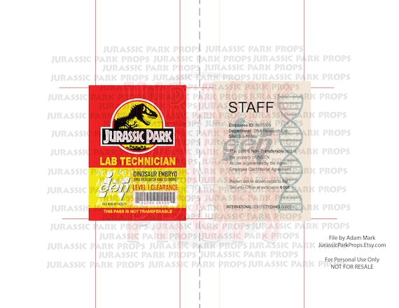 Jurassic Park Lab Technician ID Badge - [PDF Digital Download] - Etsy