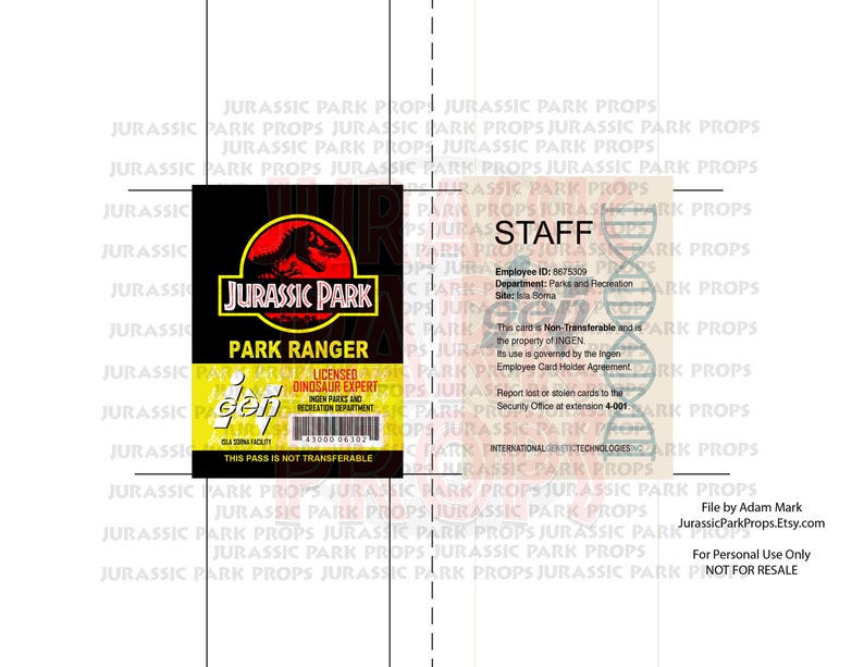 Op de afbeelding: Een Jurassic Park-personeelskaart met een groen dinosauruslogo en de tekst "Jurassic Park Park Ranger". De kaart heeft een rode rand en de tekst "Gecertificeerd dinosaurusdeskundige" en "Deze pas is niet overdraagbaar".