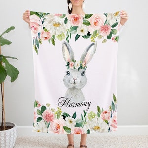Floral Bunny Personalized Blanket, Soft Custom Throw with Rabbit Design, Pink Flowers Bedroom Decor image 1