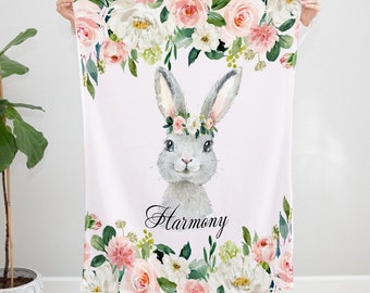 Floral Bunny Personalized Blanket, Soft Custom Throw with Rabbit Design, Pink Flowers Bedroom Decor