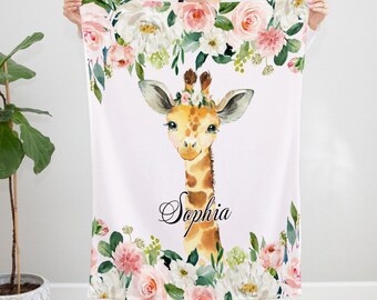 Floral Giraffe Blanket, Personalized Baby Girl Name Throw, Cozy Nursery Bedding, Pink Flowers Animal Design, Custom Kids Room Decor