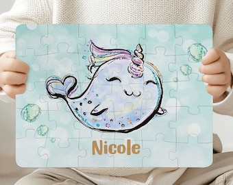 Narwhal Puzzle Personalized With Any Name, Personalized Jigsaw Puzzle For Girls, Puzzle For Kids, Educational Christmas Gift For Young Girl