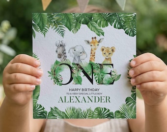 Personalized Safari First Birthday Card, Jungle Animals