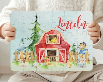 Red Barn Jigsaw Puzzle For Kids With Cute Farm Animals - Personalized With Any Name or Text - Watercolor Barnyard Animals, Gift For Boy