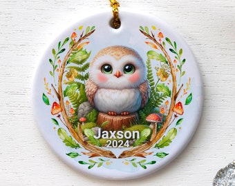 Personalized Owl Ceramic Ornament, Cute Woodland Owl Christmas Tree Decoration, Custom Name and Year Kids Gift, Whimsical Forest Animal Gift