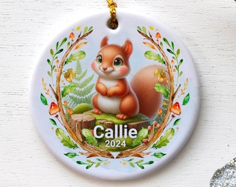 Personalized Squirrel Ornament, Custom Kids Christmas Tree Decoration, Ceramic Holiday Keepsake, Customized Woodland Animal Decor