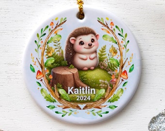 Personalized Hedgehog Ornament 2024, Cute Woodland Animal Christmas Decoration, Customizable Kids Name Holiday Gift