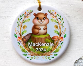 Customizable Beaver Ceramic Ornament, Woodland Creature Holiday Decor, Personalized Christmas Tree Decoration, Custom Name And Year