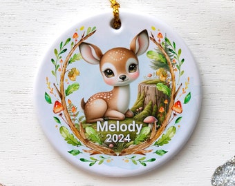 Personalized Baby Deer Ornament, Custom Woodland Fawn Name & Year Baby Shower Gift, Cute Forest Animal Christmas Tree Decoration