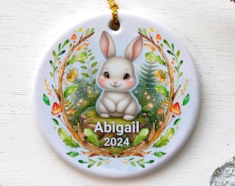 Personalized Bunny Ceramic Ornament, Cute Rabbit Forest Scene, Custom Woodland Animal Name and Year Kids Room Decor, Holiday Tree Decoration