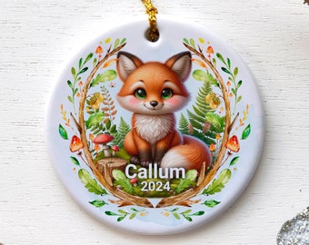 Personalized Fox Ornament, Woodland Animal Christmas Decor, Customizable 2024 Holiday Keepsake, Kids Tree Decoration, Custom Name & Year