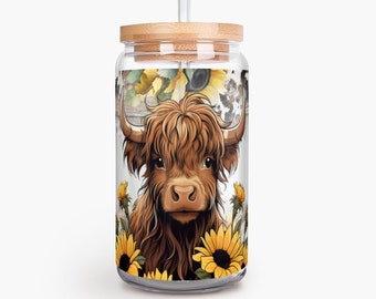 Highland Cow Sunflower Glass Can 16oz, Rustic Farmhouse Kitchen Decor, Cute Country Style Iced Coffee Cup, Unique Drinking Glassware Gift