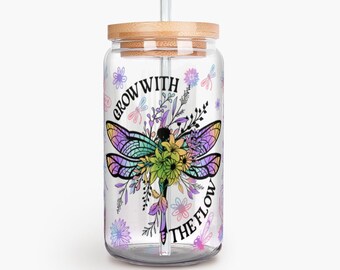 16oz Glass Can Cup With Straw, Floral Dragonfly Design, Eco-Friendly Reusable Drinkware, Perfect For Iced Coffee