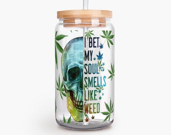 16oz Skull Glass Can With Bamboo Lid And Straw, Weed Humor Artwork, Reusable Drinking Jar, Unique Beverage Holder, Eco-Friendly Gift