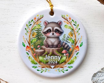 Personalized Woodland Raccoon Ornament, Cute Forest Animal Christmas Decoration, Custom Name and Year, Unique Wildlife Tree Decor
