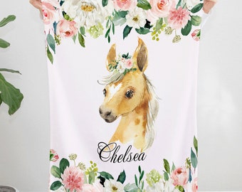 Floral Horse Personalized Blanket, Watercolor Equestrian Throw, Custom Name Girls Bedroom Decor, Soft Plush Kids Bedding, Gift Idea