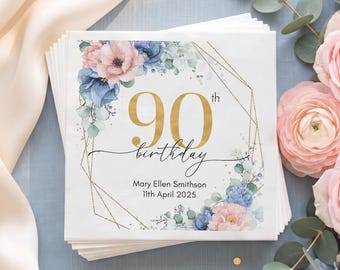 Personalized 90th Birthday Napkins with Floral Design, Custom Name and Date, Milestone Birthday Decor, 90th Birthday Party Napkins