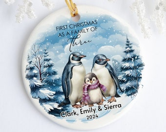 Personalized Penguin Family Christmas Ornament, Custom First Holiday, New Parents Tree Decoration, Winter Scene Family of Three Gift