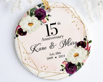 15th Anniversary Custom Ornament, Personalized Love Keepsake, Floral Ceramic Decoration, Memorable Wedding Date Gift