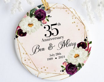 35th Anniversary Custom Ornament, Personalized Floral Keepsake, Celebratory Couples Gift, Decor