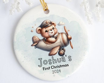 Personalized Baby's First Christmas Ornament, Custom Pilot Teddy Bear, Holiday Keepsake, Newborn Gift Idea, Unique Tree Decoration