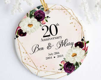 20th Anniversary Custom Ornament, Floral Personalized Keepsake, Elegant Decor, Celebratory Date Memento, Gift