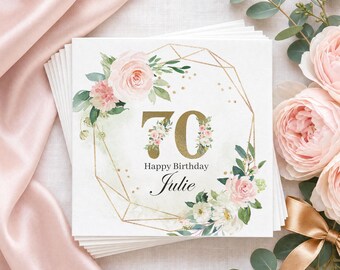 Personalized 70th Birthday Napkins, Custom Floral Napkins for Party, Milestone Birthday Decor, Cocktail or Luncheon Napkin