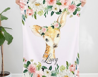 Floral Deer Custom Blanket, Personalized Baby Name Throw, Soft Warm Nursery Decor, Unique Baby Shower Gift, Girl Room Bedding