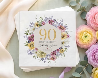 90th Birthday Napkins, Wildflower 90th Birthday Napkins, Personalized Floral Party Decor, 90 Years Loved