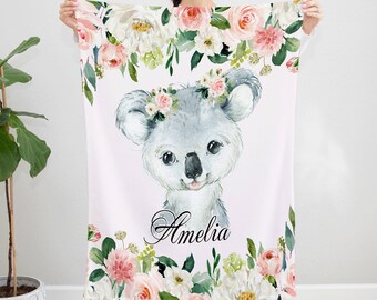 Cute Koala Floral Themed Throw Blanket, Personalized Name Girl's Room Decor, Soft Cozy Kid's Bedding Accessory, Unique Baby Shower Gift