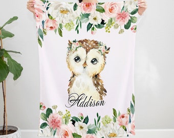 Personalized Owl and Floral Blanket, Custom Name Soft Throw for Girls, Pink Flowers and Cute Owl Nursery Decor, Unique Baby Shower Gift