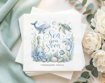 Ocean Baby Shower Napkins Boy, Watercolor Sea Animals, Sea You Soon Personalized