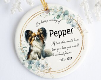 Papillon Dog Memorial Ornament, Custom Pet Loss Circle, Floral Dog Remembrance Keepsake, Personalized In Loving Memory Decor