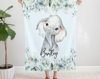 Personalized Elephant Blanket for Kids, Watercolor Baby Elephant with Name, Custom Nursery Decor Throw, Soft Cozy Blanket for Toddler