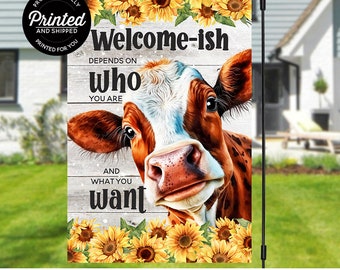 Welcome-Ish Cow Garden Flag, Cute Farmhouse Decor, Outdoor Yard Sign, Floral 12x18 Inch, Fun Animal Country Style Banner, Sunflower Flag