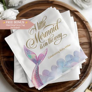 Mermaid Baby Shower Napkins – A Little Mermaid Is on the Way – Ocean-Themed Party Decor – 50-Pack Personalized Napkin Set image 1