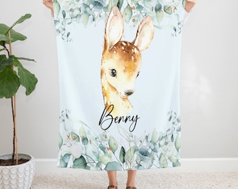 Watercolor Deer Fawn Throw Blanket, Cozy Woodland Animal Nursery Decor, Soft Pastel Baby Blanket, Unique Baby Shower Gift