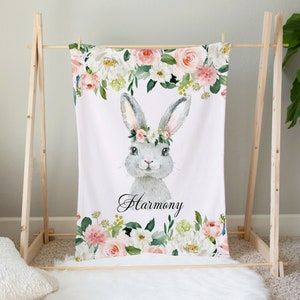 Floral Bunny Personalized Blanket, Soft Custom Throw with Rabbit Design, Pink Flowers Bedroom Decor image 4