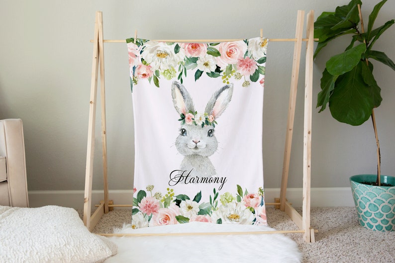 Floral Bunny Personalized Blanket, Soft Custom Throw with Rabbit Design, Pink Flowers Bedroom Decor image 4