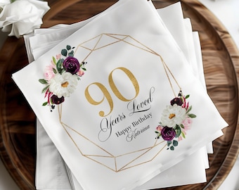 Personalized 90 Years Loved Napkins, Milestone Birthday Custom Elegant Party Decor, Luncheon and Cocktail Sizes, 90th Birthday Decorations