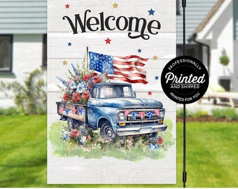 Patriotic Welcome Garden Flag, Printed Vintage Truck With American Yard Flag, 4th July Outdoor Decor, 12x18 Inches Independence Day Flag