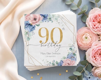 Personalized 90th Birthday Napkins with Floral Design, Custom Name and Date, Milestone Birthday Decor, 90th Birthday Party Napkins