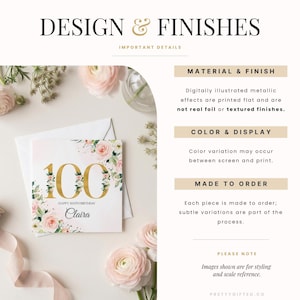 Puede incluir: Una tarjeta de cumplea&ntilde;os cuadrada con el n&uacute;mero 100 en dorado, decorada con ilustraciones florales rosas y blancas. El texto dice Happy 100th Birthday y Claira. La tarjeta se muestra con un sobre y detalles sobre el material y acabado.