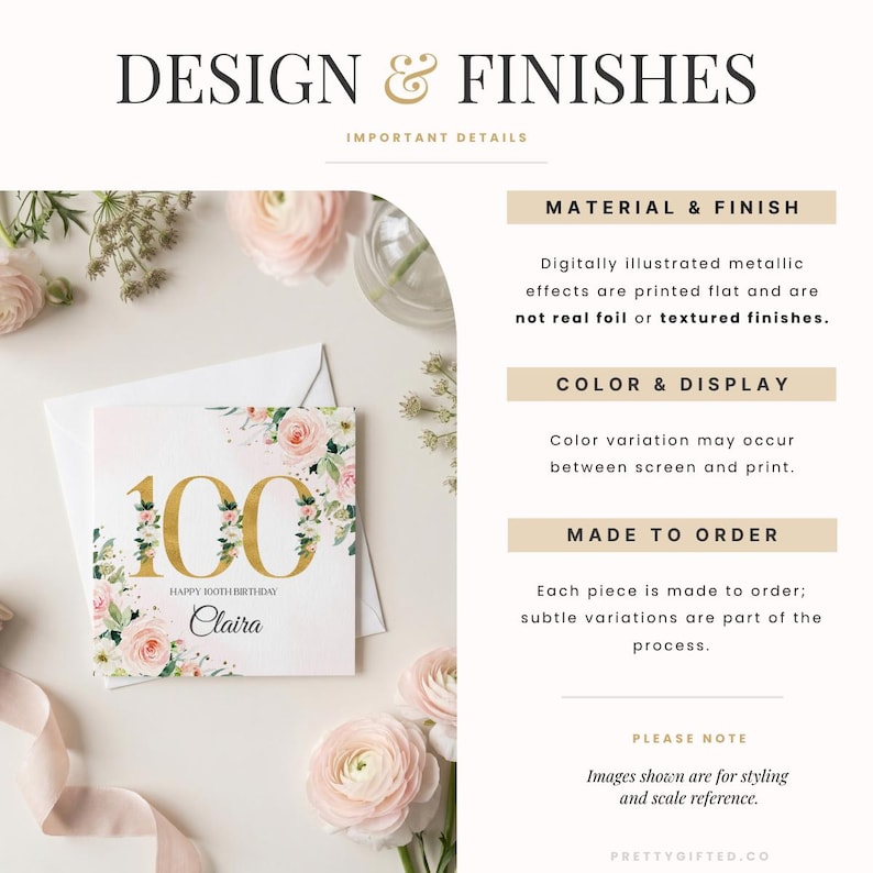 Puede incluir: Una tarjeta de cumplea&ntilde;os cuadrada con el n&uacute;mero 100 en dorado, decorada con ilustraciones florales rosas y blancas. El texto dice Happy 100th Birthday y Claira. La tarjeta se muestra con un sobre y detalles sobre el material y acabado.