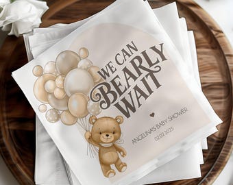 Personalized Teddy Bear Baby Shower Napkins: Neutral Beige Decor