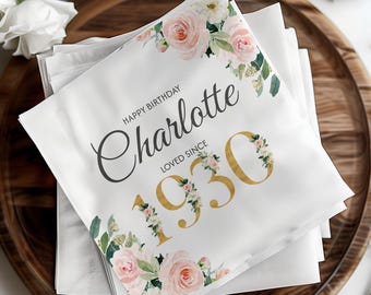 Personalized 95th Birthday Napkins, Floral Custom Napkins, Luxury Milestone Party Decor, 1930 Printed Napkins, Elegant Birthday Supplies